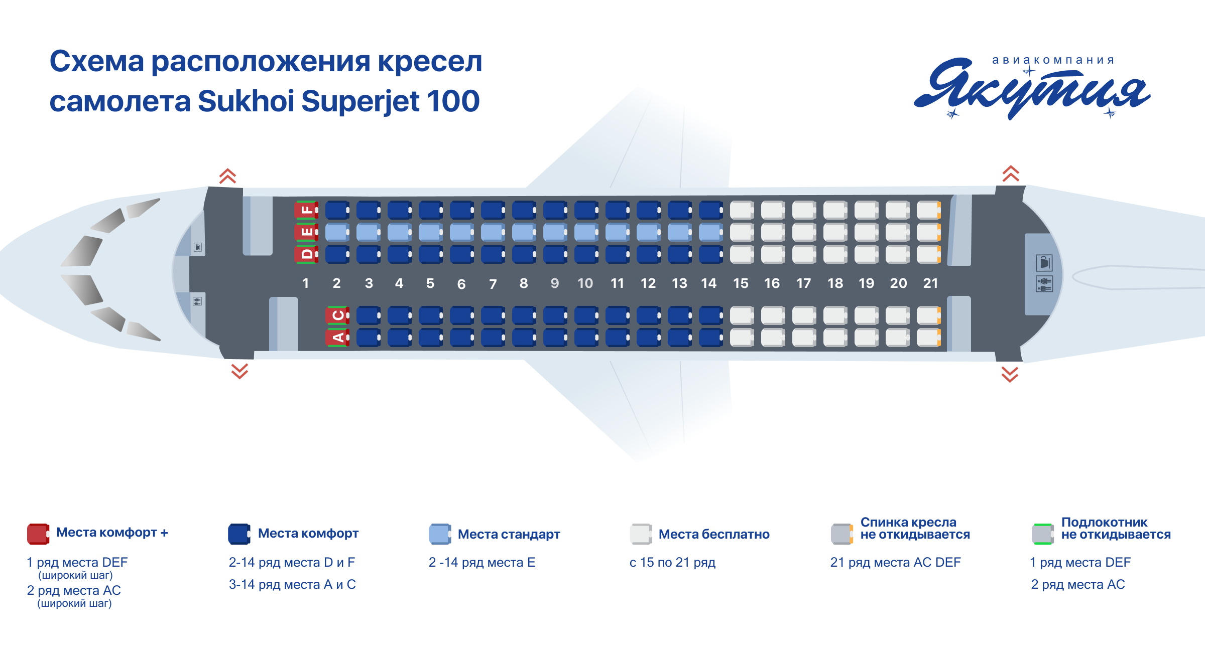 Схема расположения кресел Sukhoi Superjet